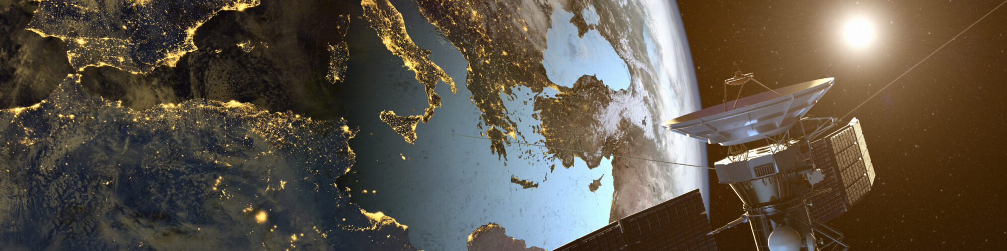 3D rendering of a satellite orbiting the earth with illuminated 3D rendering of a satellite orbiting the earth with illuminated cities at night